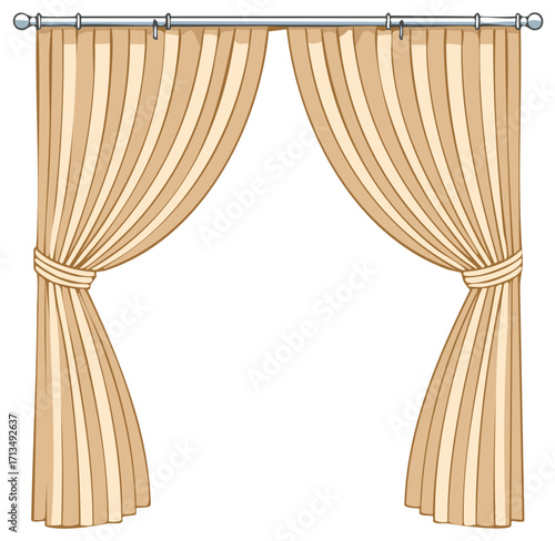 Elegant tan striped window curtains hanging from a metal rod, creating a theatrical frame