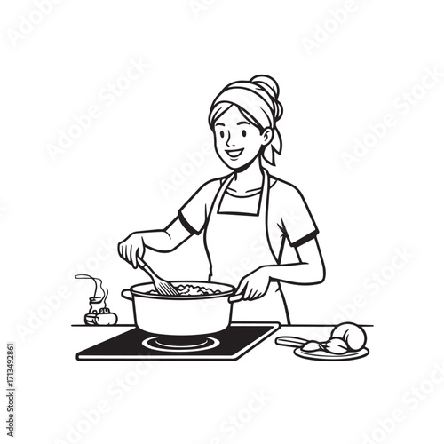 Black and White Vector Illustration of a Smiling Woman Cooking in Kitchen with Apron and Headband