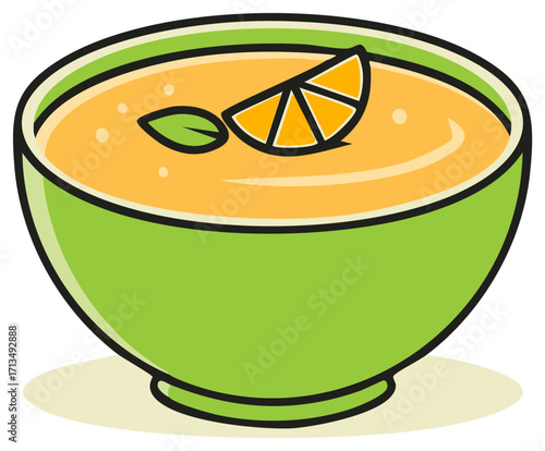 Bright Green Bowl Filled with Creamy Orange Soup and Orange Slice Garnish