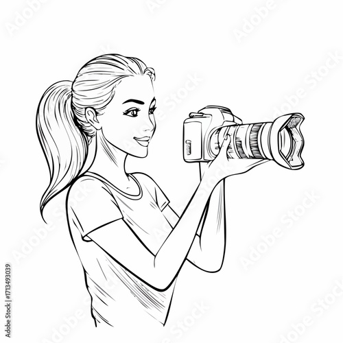 Sketch of a young photographer woman holding camera ready to take a picture, professional gear