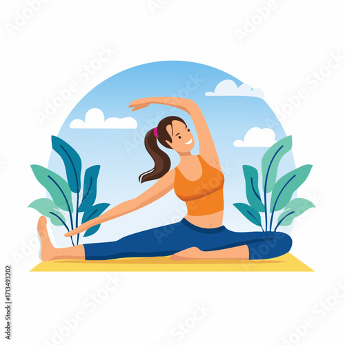 Smiling woman gracefully practicing yoga for wellness and fitness in a calming outdoor setting