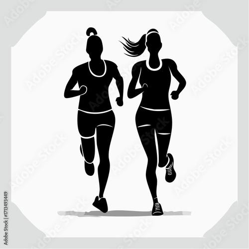 Dynamic duo marathon runners striving for fitness victory, athletic women in motion, vector graphic