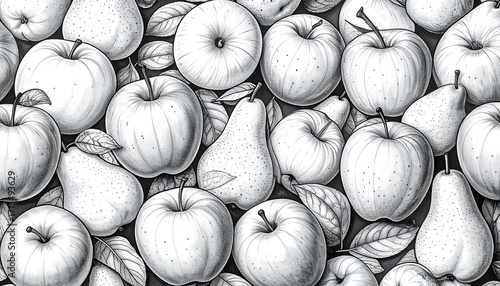 Fototapeta Naklejka Na Ścianę i Meble -  Detailed grayscale graphic of various fruits