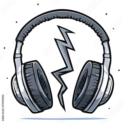 Stylized illustration of a broken pair of silver headphones with a lightning bolt effect