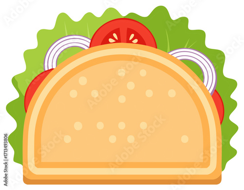 Vibrant cartoon folded sandwich or taco filled with fresh vegetables