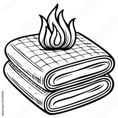 Stack of quilted blankets with flame icon representing warmth black and white illustration