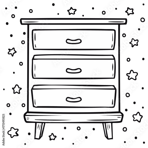 Whimsical Doodle Dresser with Three Drawers, Stars, and Dots Black and White Outline
