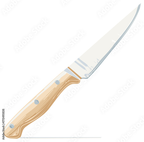 Sharp kitchen knife with light wooden handle, cooking utensil vector illustration