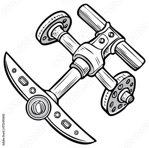 Antique mining pickaxe with a balanced axle and crossbar design in black and white sketch