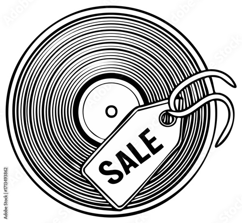 Vinyl Record with Sale Tag Vector Illustration Black and White Design