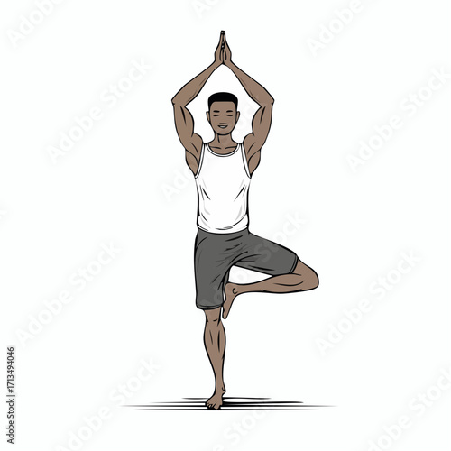 Young African American man practicing tree yoga pose for wellness and fitness, feeling mindful and balanced