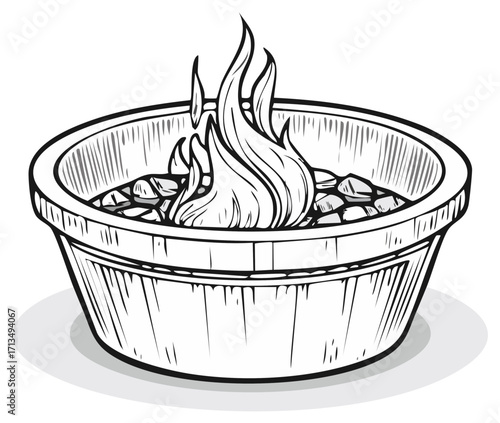 Stylized Metal Fire Pit with Flames and Rocks for Outdoor Ambiance
