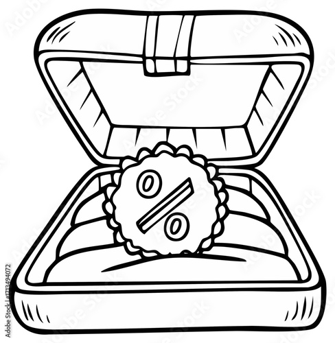Monochrome illustration of an open jewelry box revealing a special percentage discount icon for promotions