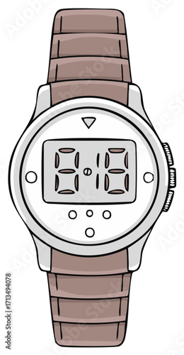 Digital wristwatch with brown strap and silver case displaying time, simple vector illustration