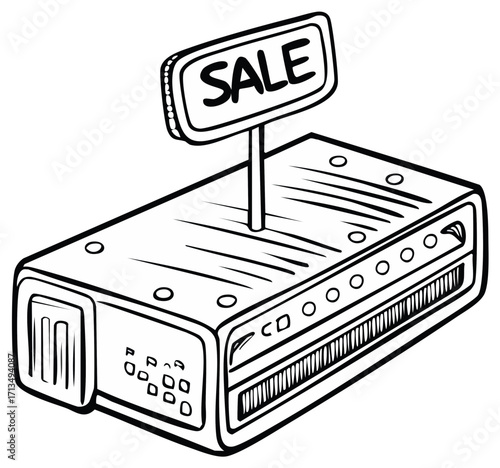 Illustration of a CD player with a sale sign