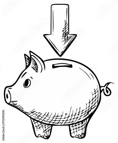 Hand drawn illustration of a piggy bank with an arrow pointing down towards the slot symbolizing saving money