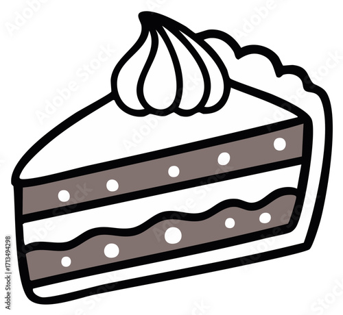 Slice of delicious cake with whipped cream and chocolate layers, tasty pastry illustration.