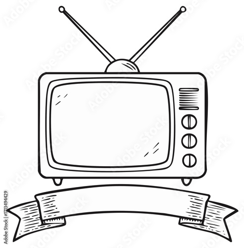 Retro television with telescopic antenna and blank ribbon banner in illustrative line art style