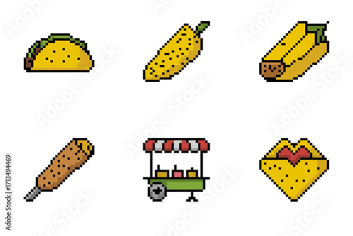 Street food pixel icons, taco shell corn cob, hotdog stick, popsicle treat, snack cart, nacho chips, playful vector