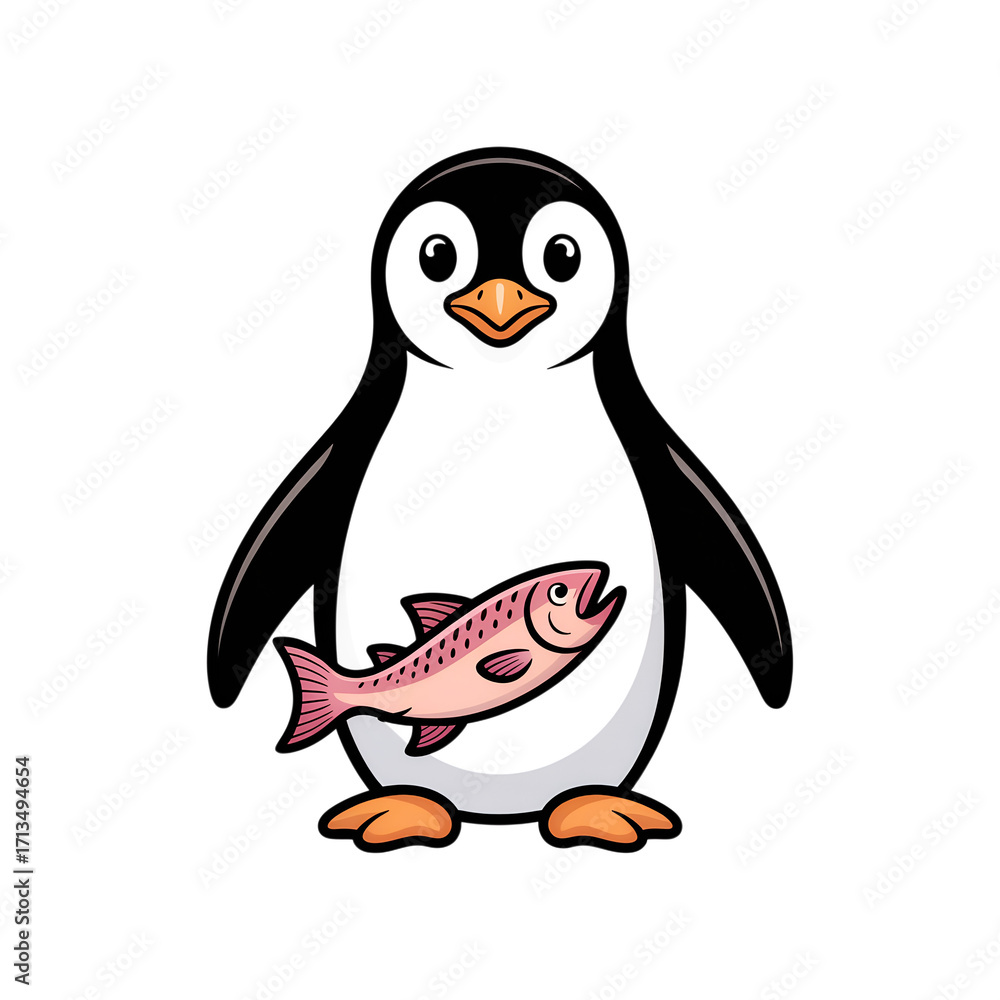 Naklejka premium Cartoon Penguin Holding Salmon: Cute, Friendly, Antarctic Animal Illustration for Children's Books, Websites, and Branding.