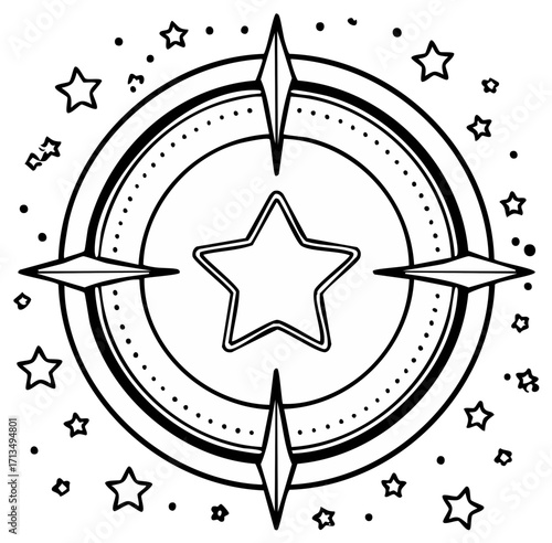 Stylized Circular Starburst with Compass Points and Scattered Stars