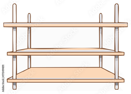 Three-Tier Shelving Unit Cartoon Illustration with Wood and Metal Frames