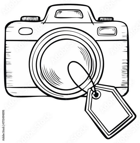 Vector illustration of a camera with blank price tag concept for photography or sale