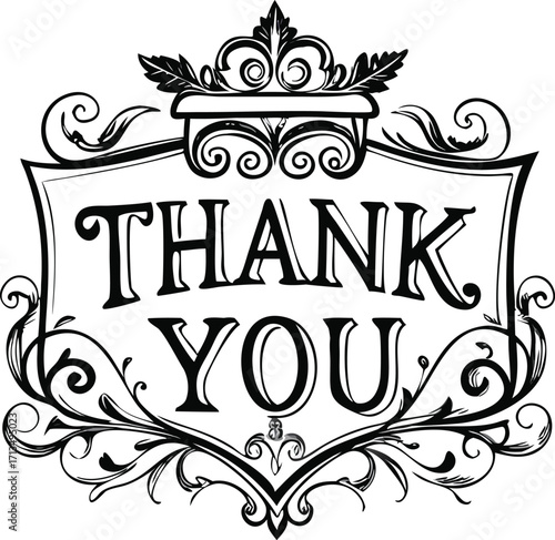 Elegant "thank you" text within decorative flourish frame design vector