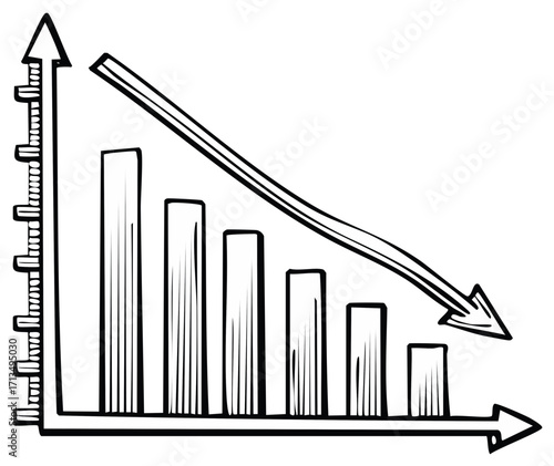 Hand drawn declining bar chart with a downward trending arrow demonstrating losses and financial recession