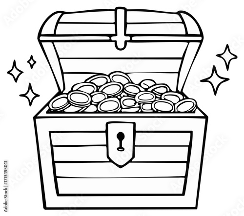 Open treasure chest with coins and glittering stars