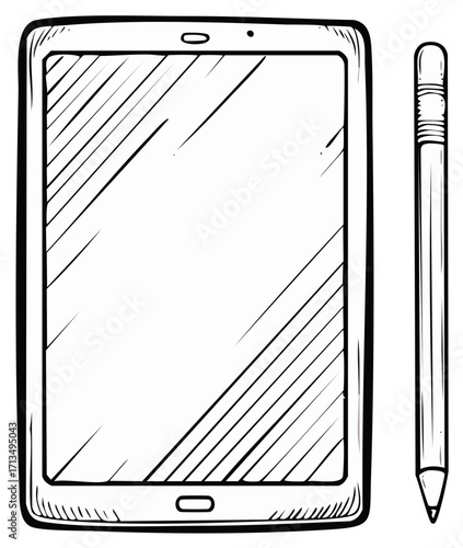 Stylized tablet and stylus drawing, graphic design tool, digital art and illustration