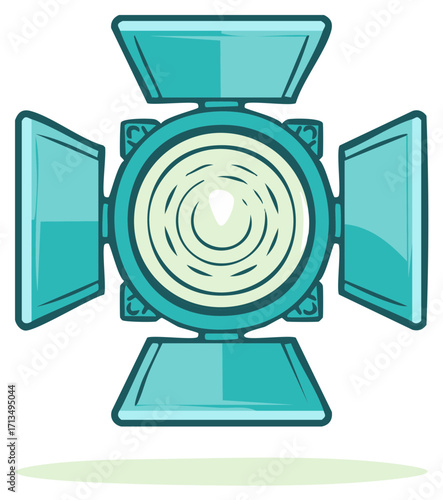 Cartoon lighting fixture for theatrical stage or movie set, entertainment industry equipment in teal color, spotlight