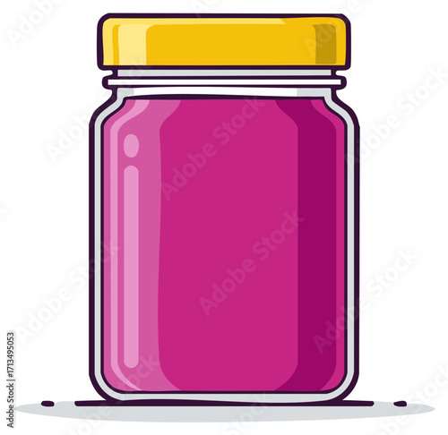 Sealed Glass Jar Filled with Purple Preserves Topped with Yellow Lid Container With a Smooth Finish
