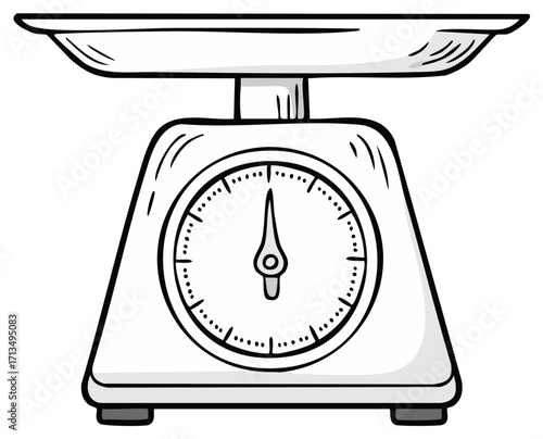 Hand drawn illustration of a vintage analog kitchen scale for weighing food