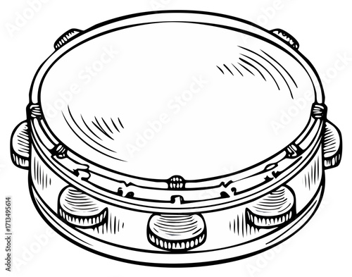 Tambourine Percussion Musical Instrument with Jingles Outline Drawing