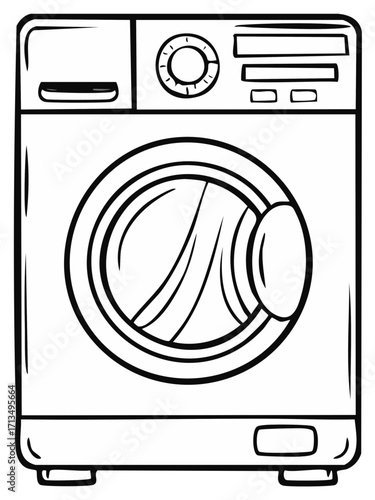 Line art of washing machine with front load and controls. Black outlines.