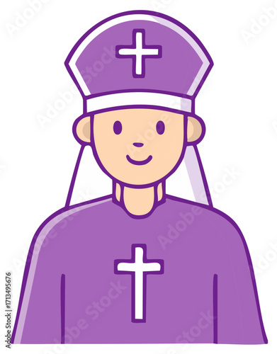 Simple cartoon icon of a smiling bishop wearing a purple mitre and robes
