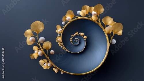 Golden spiral unwinding into fractal-like patterns, matte navy background, sophisticated metallic sheen