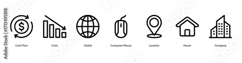 Financial Management web banner icon vector illustration featuring Cash Flow, Crisis, Global, Computer Mouse, Location, House, and Company for worldwide economic decision making.
