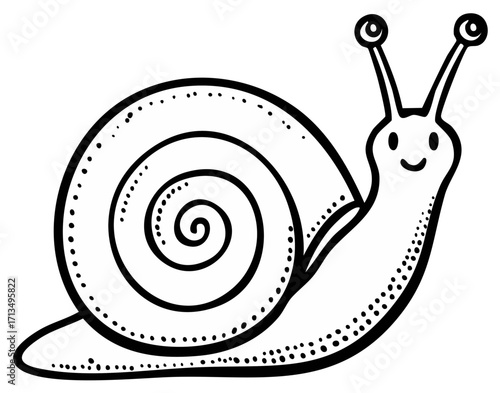 Simple cartoon illustration of a smiling snail with a swirled shell and antennae
