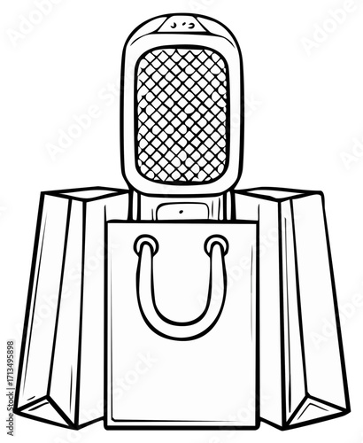 Deep Fryer and Shopping Bags Line Art Illustration for Shopping and Cooking