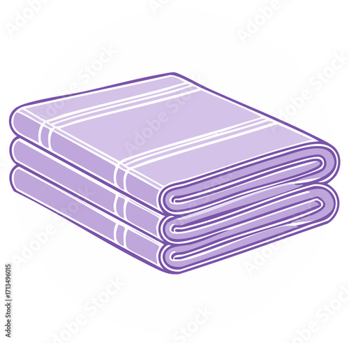 Stack of folded lilac towels with white stripes and purple outline, clean and neatly piled