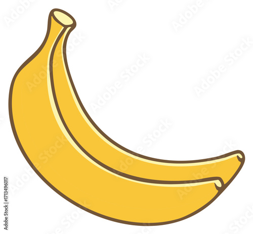 Single Yellow Banana with Outline, Tropical Fruit Illustration, Ripe and Curvy Shape, Isolated