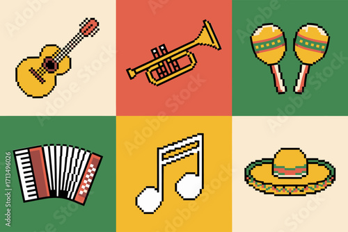 Pixel art music collage, colorful quadrant tiles, guitar trumpet maracas accordion, musical note, sombrero hat, festive retro vector