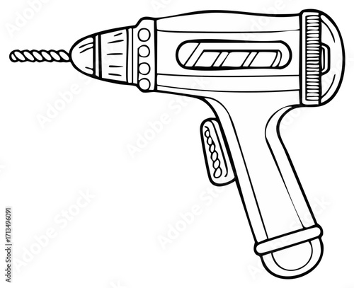 Line art illustration of a power drill with a bit, a common tool for construction and DIY projects