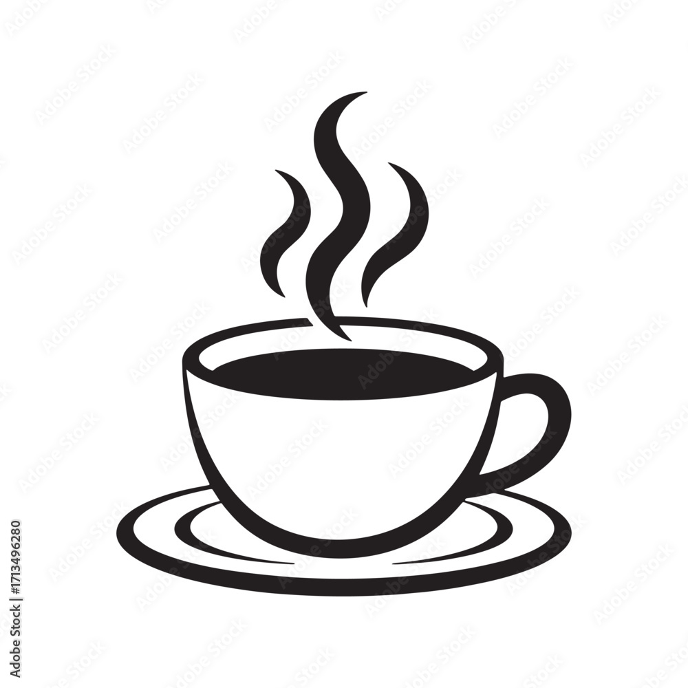 Obraz premium A Black and White Depiction of a Steaming Cup of Coffee on a Saucer Isolated on White