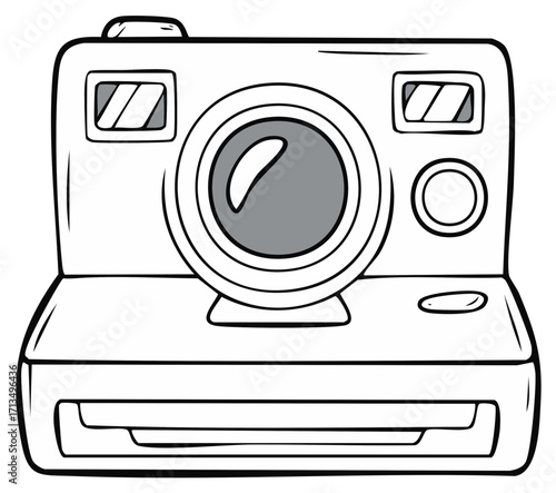 Line art illustration of a stylized instant camera with rounded edges for creative projects