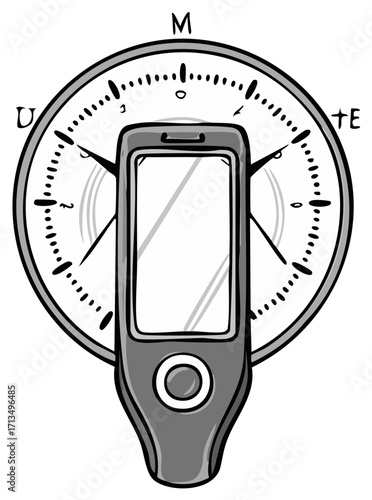 Grayscale illustration of a crypto hardware wallet in front of a navigational compass