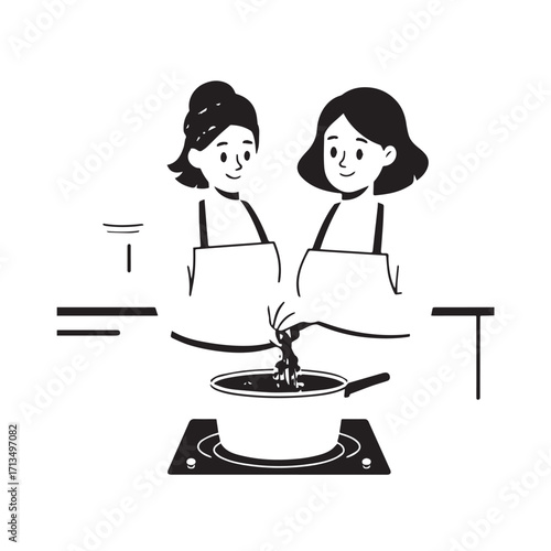Black and White Vector Illustration of a Smiling Woman Cooking in Kitchen with Apron and Headband