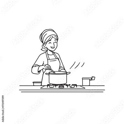 Black and White Vector Illustration of a Smiling Woman Cooking in Kitchen with Apron and Headband
